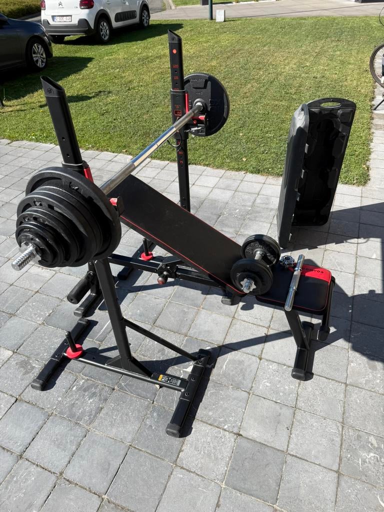 Gewichtschijven + fitness bankje + Benchpress, Sport en Fitness, Fitnessmaterialen, Ophalen, Zo goed als nieuw