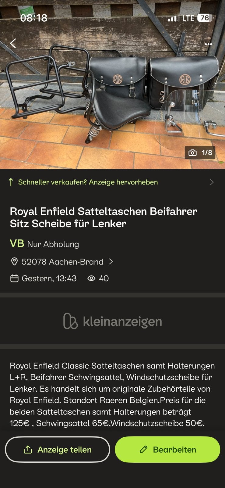 Royal Enfield Classic Taschen , Sattel, Windschutzscheibe, Motos, Particulier