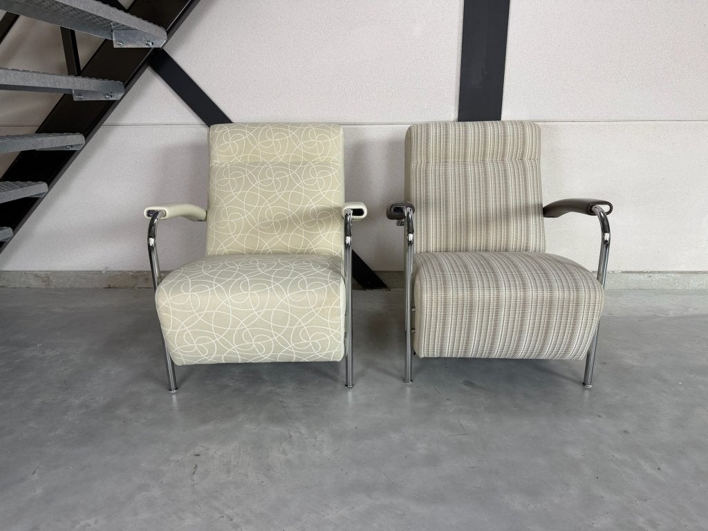 Leolux Scylla fauteuils met hocker - stof en leer, Ophalen, Kunststof, Nieuw, 75 tot 100 cm