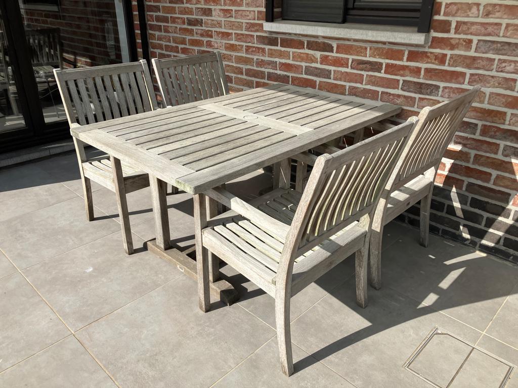 Gloster tuinset in teak/met kussens inbegrepen, Tuin en Terras, Ophalen, 4 zitplaatsen, Gebruikt, Teakhout
