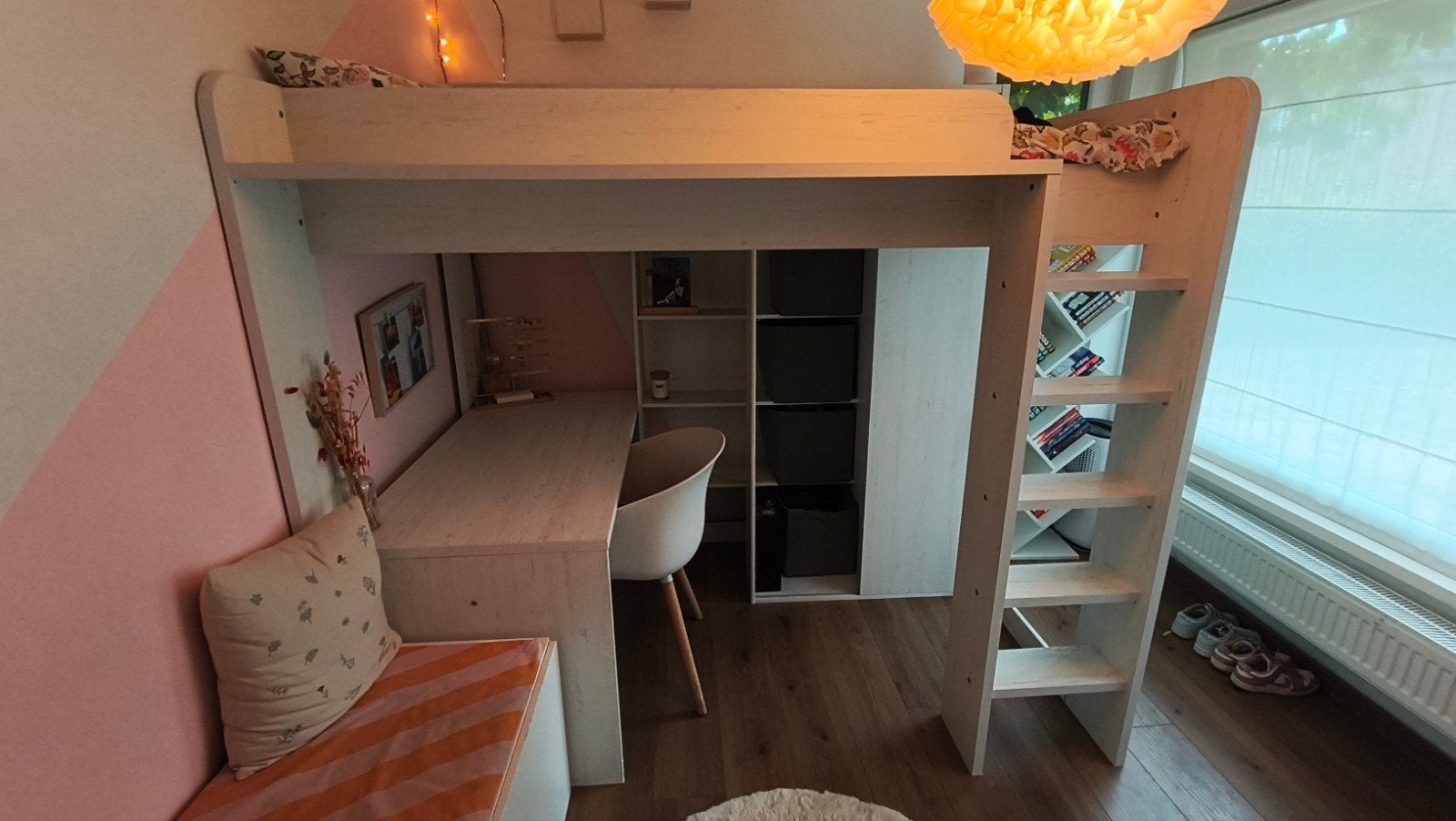 kinderbed met bureau en kast, Ophalen, 90 cm, Eenpersoons, Beige