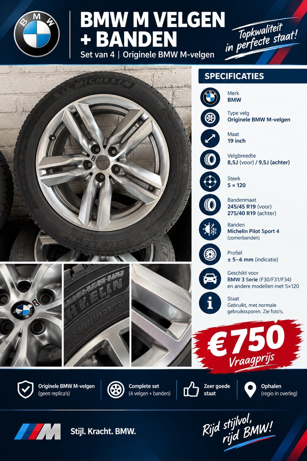 Originele BMW M-velgen 19” + Michelin banden, Ophalen of Verzenden, Voor, BMW