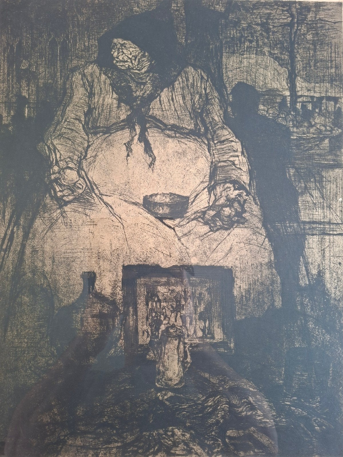 DE BRUYCKER Jules "Vieille marchande Bruges" ets, Antiek en Kunst, Ophalen, Ets, Ingelijst