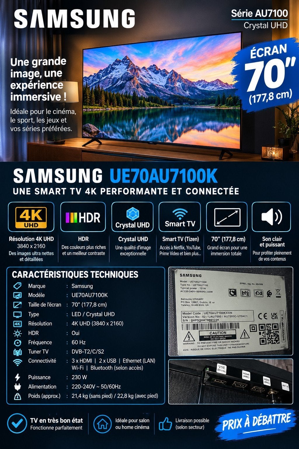 Samsung 70" 4K UHD Smart TV – UE70AU7100K, Informatique & Logiciels, Enlèvement, Comme neuf, Console