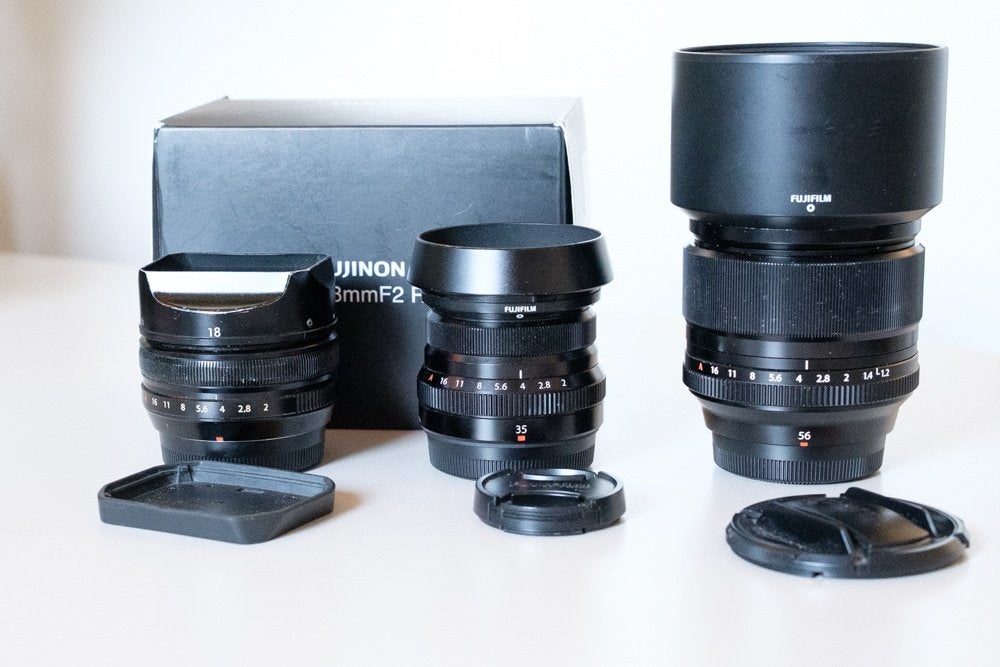 Fujifilm lenzen 18mm f2 R, 35mm f2 R WR, 56mm f1.2R, Fujifilm, Zo goed als nieuw, Fujifilm X-mount, Zonnekap