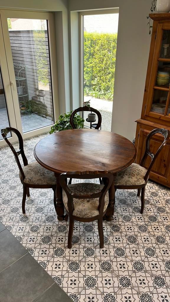 Antieke eiken tafel + 4 stoelen, Huis en Inrichting, Ophalen
