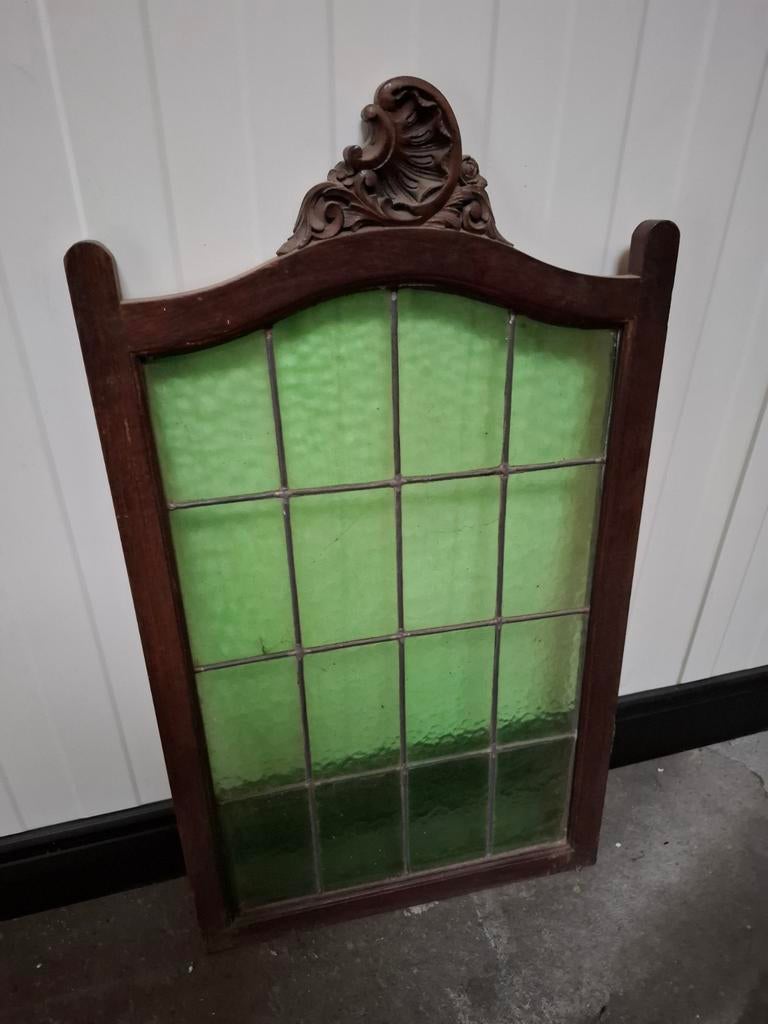 Glaswerk met lood in houten kader, Ophalen of Verzenden