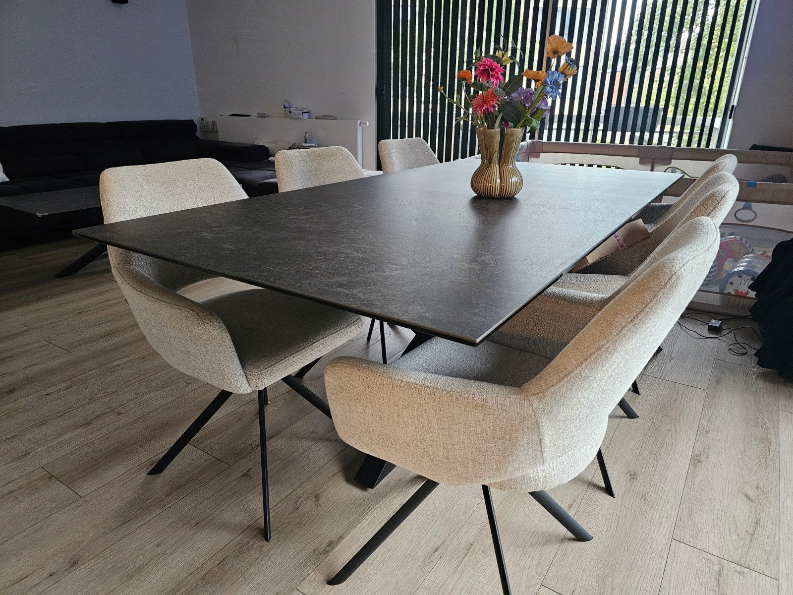 Keramische eettafel en salontafel set als nieuw, Huis en Inrichting, Ophalen, Overige materialen, 100 tot 150 cm, 200 cm of meer