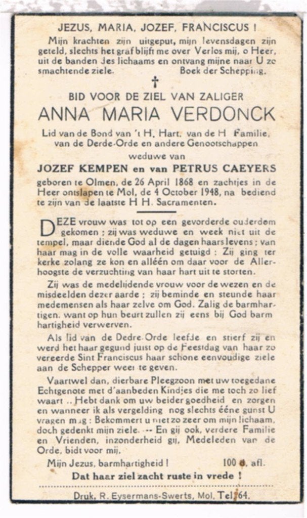 4 Bidprentjes geboren te Olmen, Ophalen of Verzenden, Bidprentje