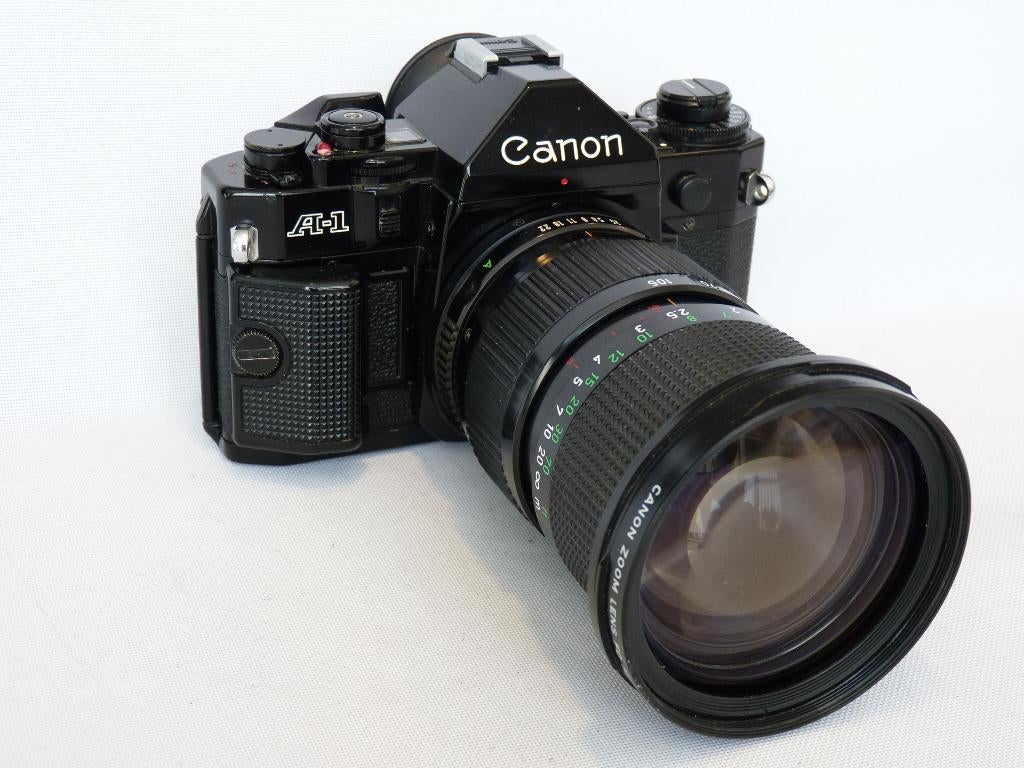 Canon A-1 black, Canon zoom FD 35-105mm, MINT conditie, Ophalen of Verzenden, Zo goed als nieuw, Spiegelreflex, Canon