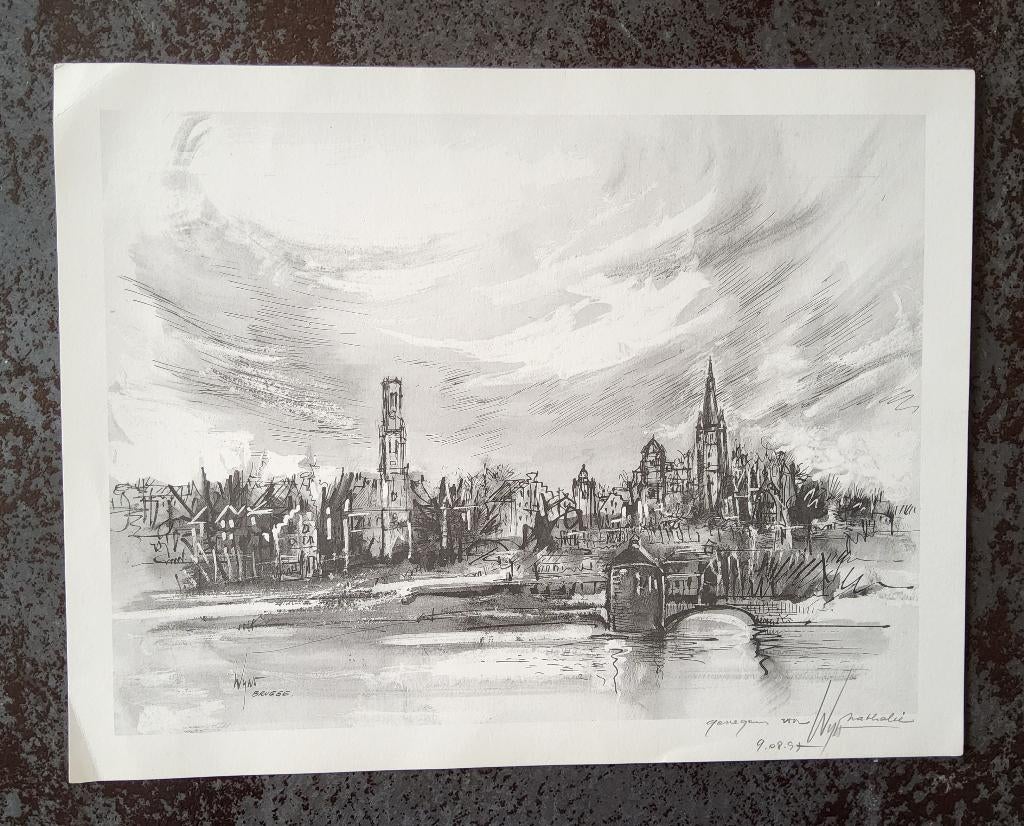 Brugge door Nathalie Wyns, Antiek en Kunst, Kunst | Etsen en Gravures, 1950 - 1999, Ophalen of Verzenden, Gesigneerd, Overige technieken