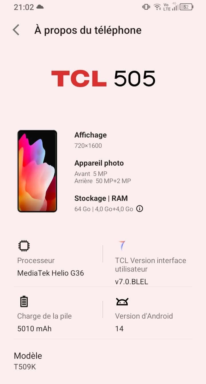 smartphone Tcl 505 6.75 pouces état neuf, Enlèvement