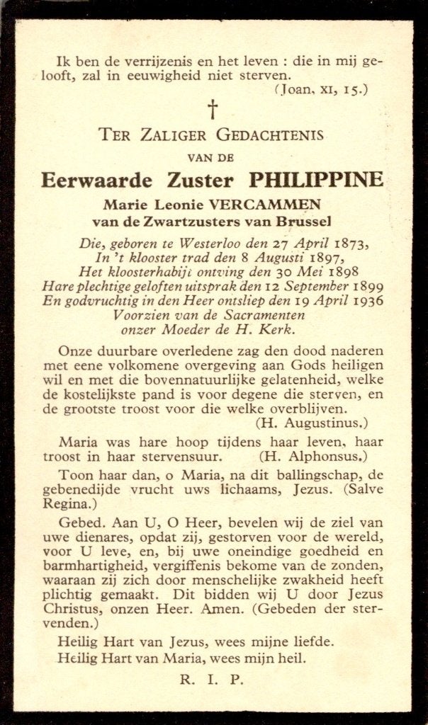 Zuster Philippine. ° Westerloo 1873 † Westerloo 1936, Ophalen of Verzenden, Bidprentje