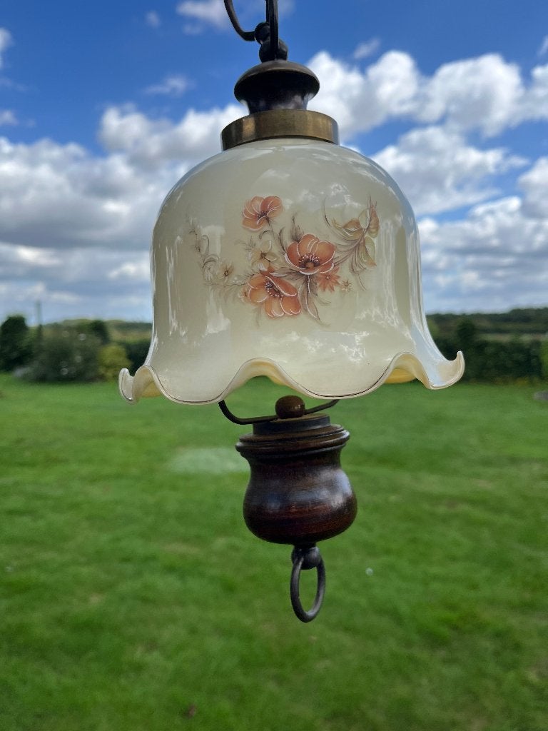 2 lampes vintage (verre opaline, laiton et bois), Enlèvement, Comme neuf, Verre