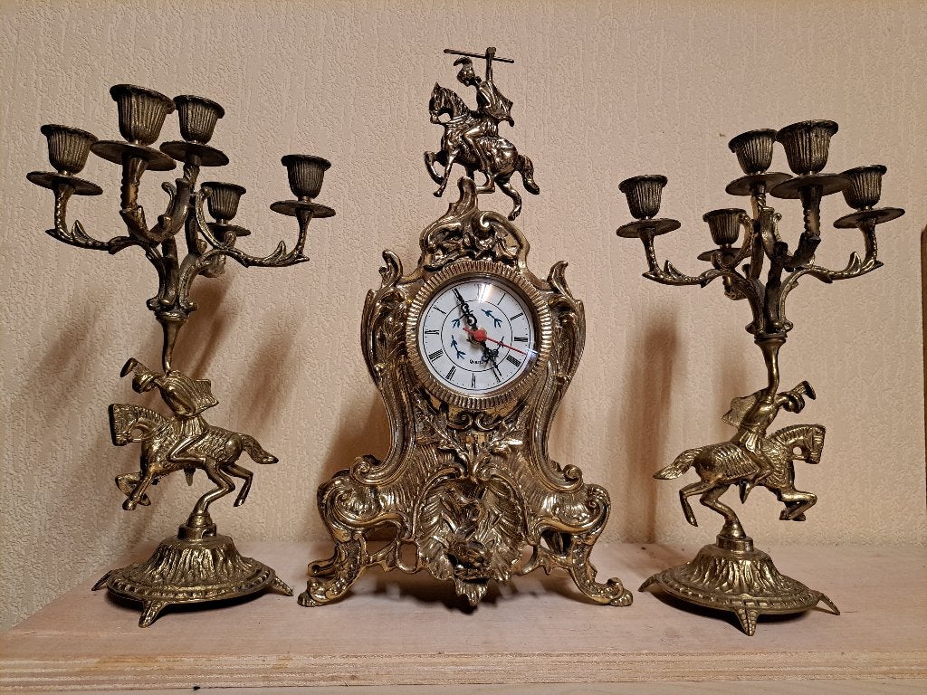 Vintage Franse schouwgarnituur werkende klok 2 kandelaars, Antiek en Kunst, Antiek | Klokken, Ophalen