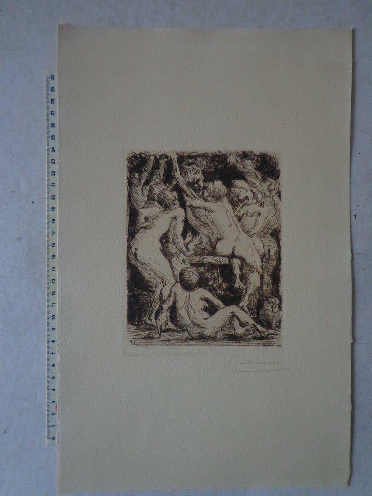 Ets van Eugène Laermans "Pan, nimfen en faunen", Antiquités & Art, Eau-forte, Mythologie, Signé, 1800 - 1899