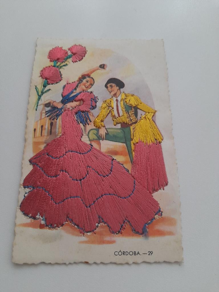 prachtige geborduurde prentkaart uit spanje flamencodanseres, Verzamelen, Ophalen of Verzenden, Prent