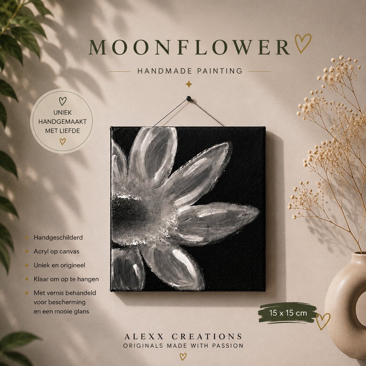 Moonflower | Handgemaakt bloemenschilderij | 15x15, Antiek en Kunst, Kunst | Schilderijen | Abstract, Ophalen of Verzenden