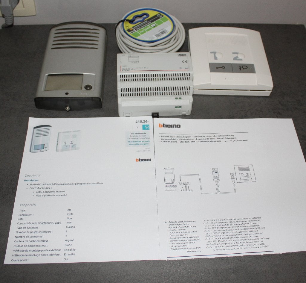 Parlophone complet+cable Linea 2000 Bticino 2 Fils en Tbétat, Enlèvement ou Envoi, Utilisé
