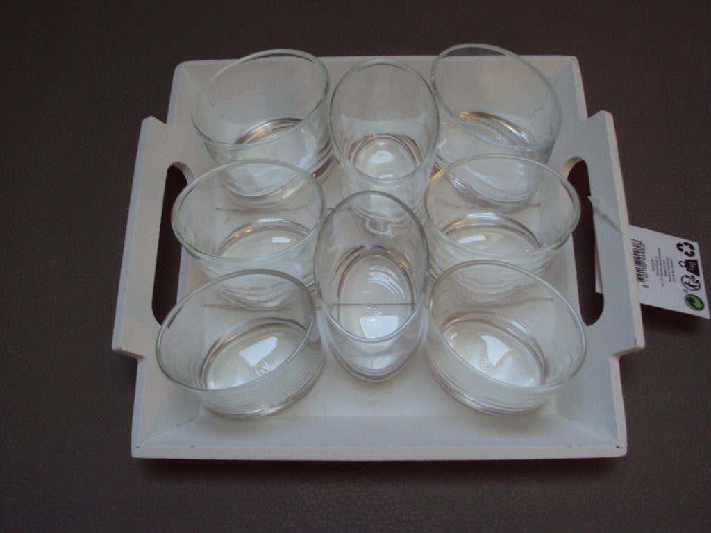 Set van 8 amuseglaasjes / dessertglaasjes + dienblad NIEUW !, Ophalen of Verzenden