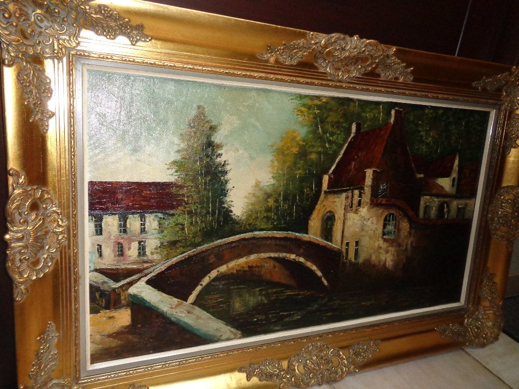 *Belle grande peinture signée avec un très beau cadre., Antiquités & Art, Enlèvement ou Envoi, Cadre spécial, Toile