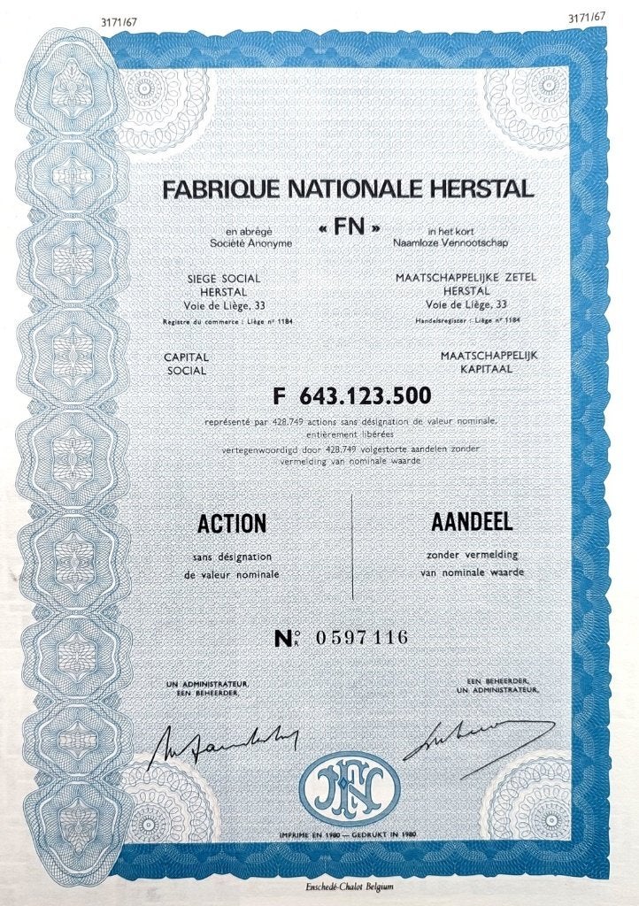 Fabrique National Herstal 1980, Ophalen of Verzenden, 1970 tot heden, Aandeel