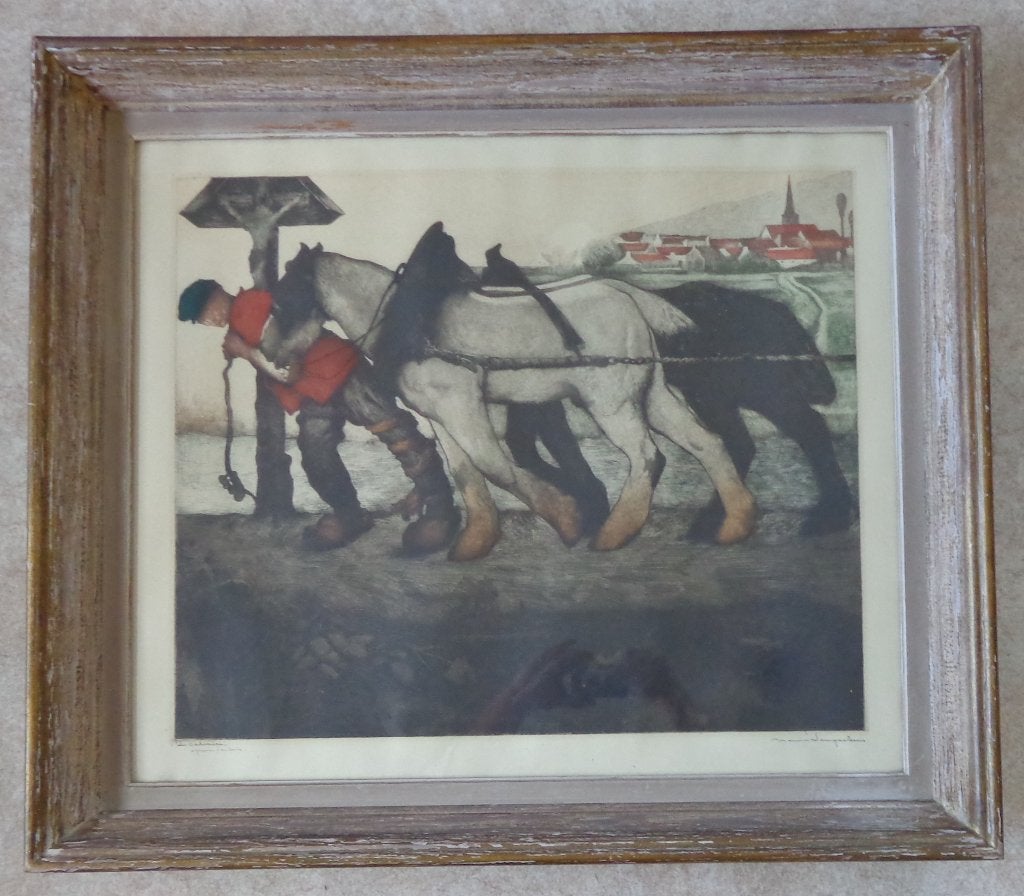 MAURICE LANGASKENS / LE CALVAIRE / KLEURETS / 71x81cm KADER, Numéroté, Enlèvement, Personnages et figures fantastiques, Eau-forte