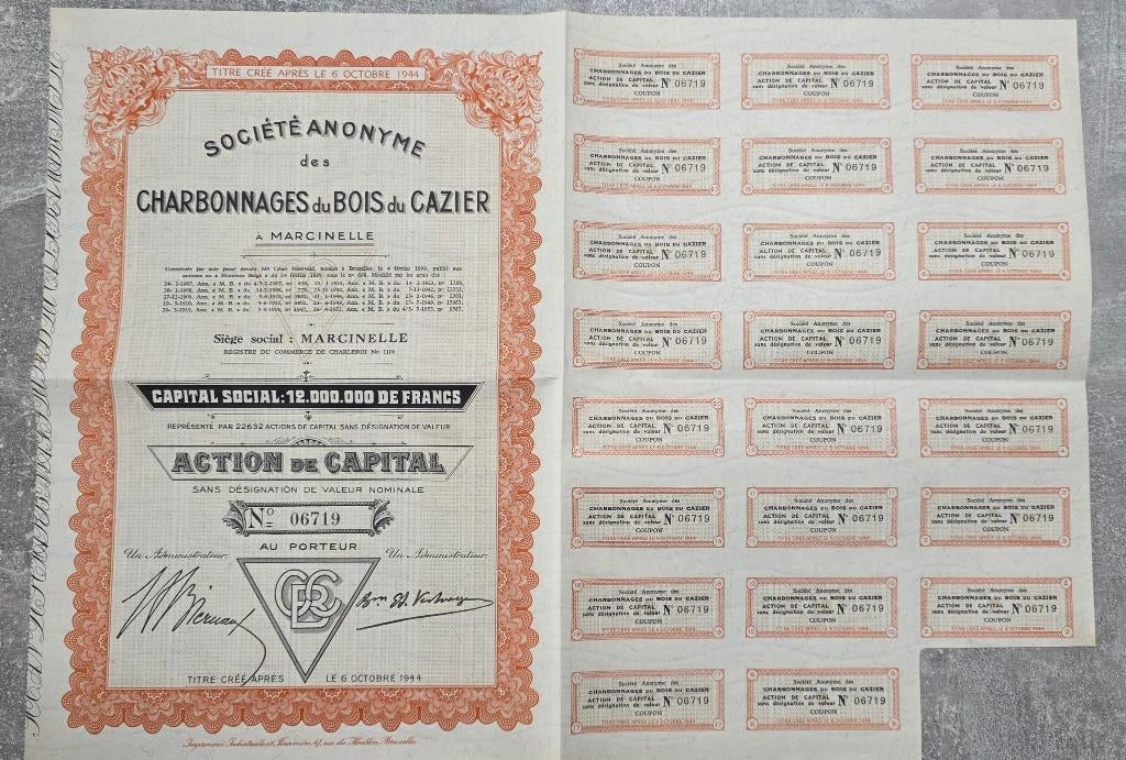 Titre au porteur+Marcinelle+Bois du Cazier+Charbonnages, Timbres & Monnaies, Actions & Titres, Action, 1920 à 1950, Enlèvement