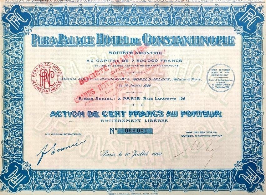 Pera Palace (Agatha Christie) Hôtel de Constantinople 1922, Postzegels en Munten, Aandelen en Waardepapieren, Aandeel, 1920 tot 1950