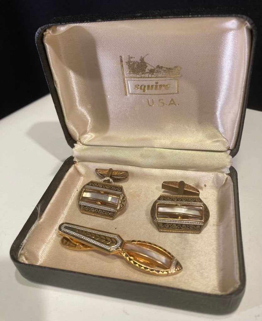 Boutons de manchette vintage + pince à cravate, Enlèvement ou Envoi, Utilisé, Or, Doré