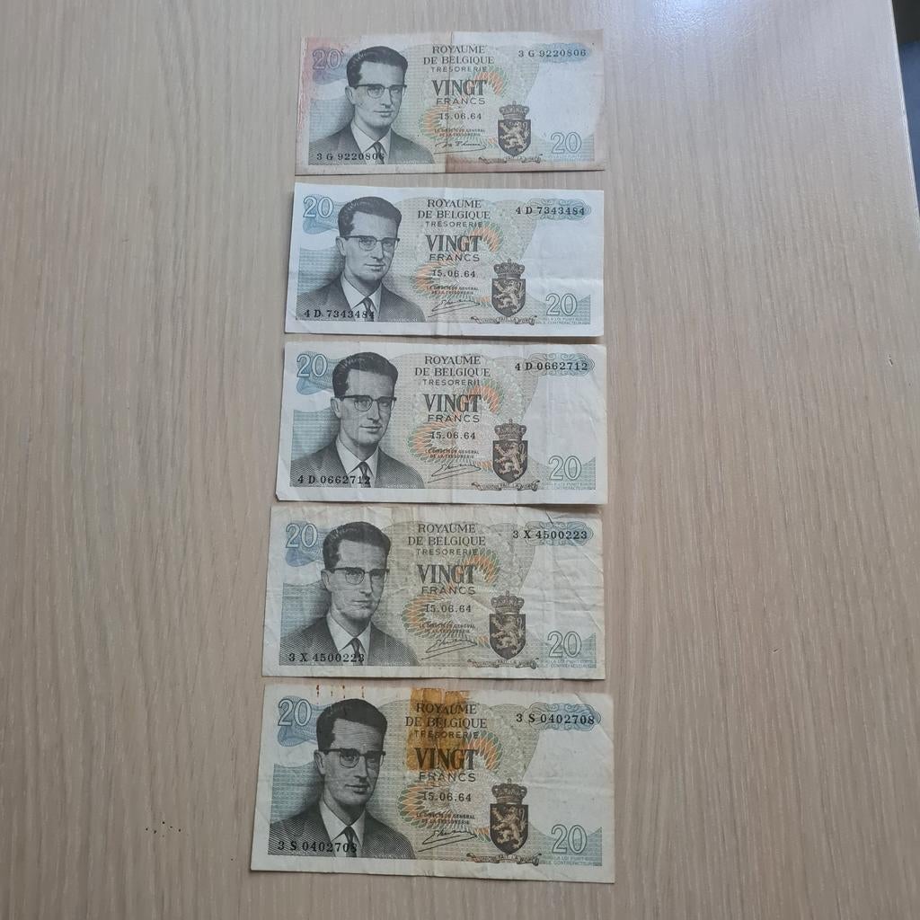 Lot 3    5 billets de 20 francs de Belgique, Enlèvement ou Envoi