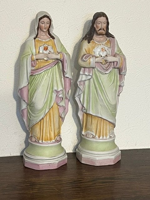 Paire de statues Biscuit, Jésus et Marie, Sacré Coeur, Antiquités & Art, Enlèvement