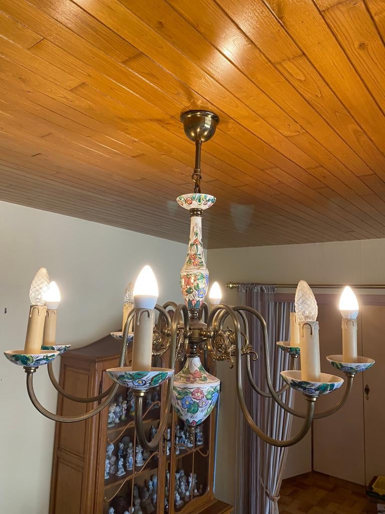 mooie retro vintage 8-armige kroonluster met mooie  tekening, Huis en Inrichting, Lampen | Kroonluchters, Ophalen, Gebruikt