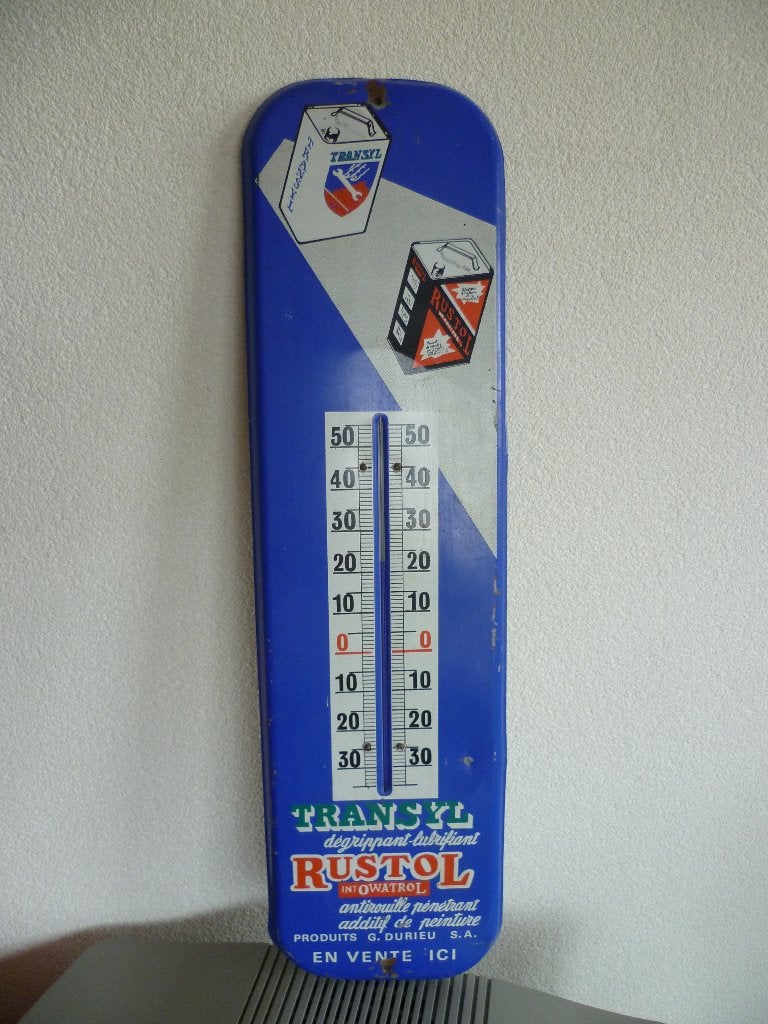 THERMOMÈTRE  EN ÉTAIN«TRANSYL/RUSTOL»DES ANNÉES 1950 ET 1960, Collections, Enlèvement ou Envoi, Utilisé, Panneau publicitaire