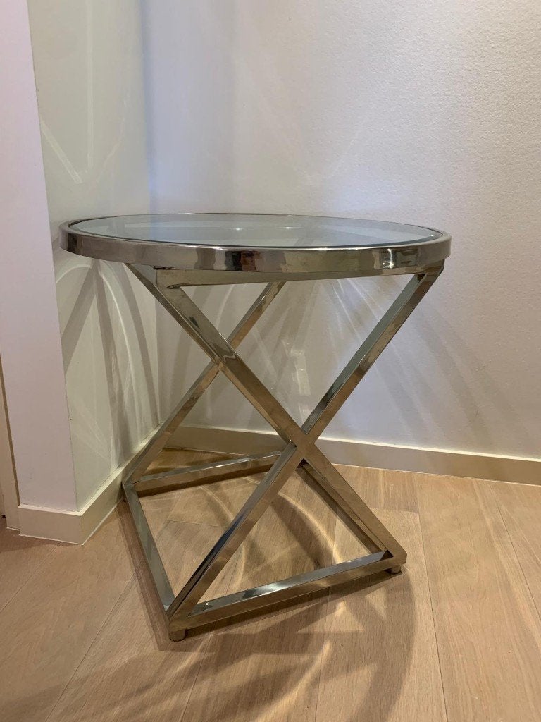 Vintage design bijzettafel (glas & chroom), 55 à 75 cm, Rond, Comme neuf, Verre