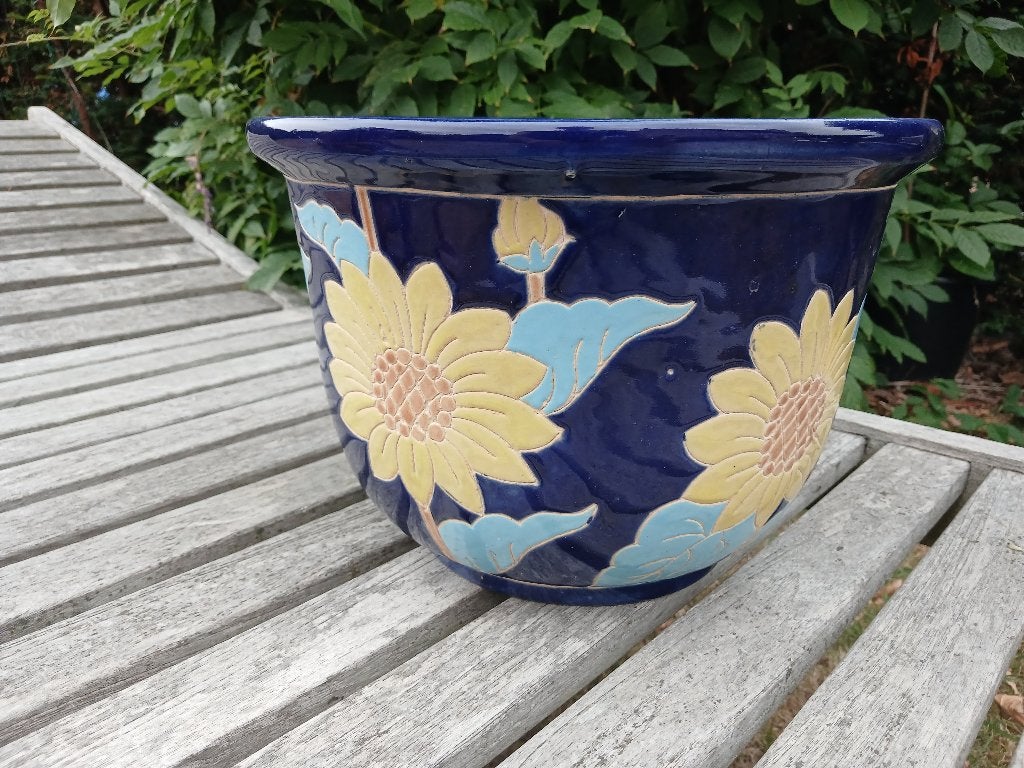 Vintage bloempot kobalt blauw met zonnebloemen  Ø 30cm, Ophalen of Verzenden, Aardewerk