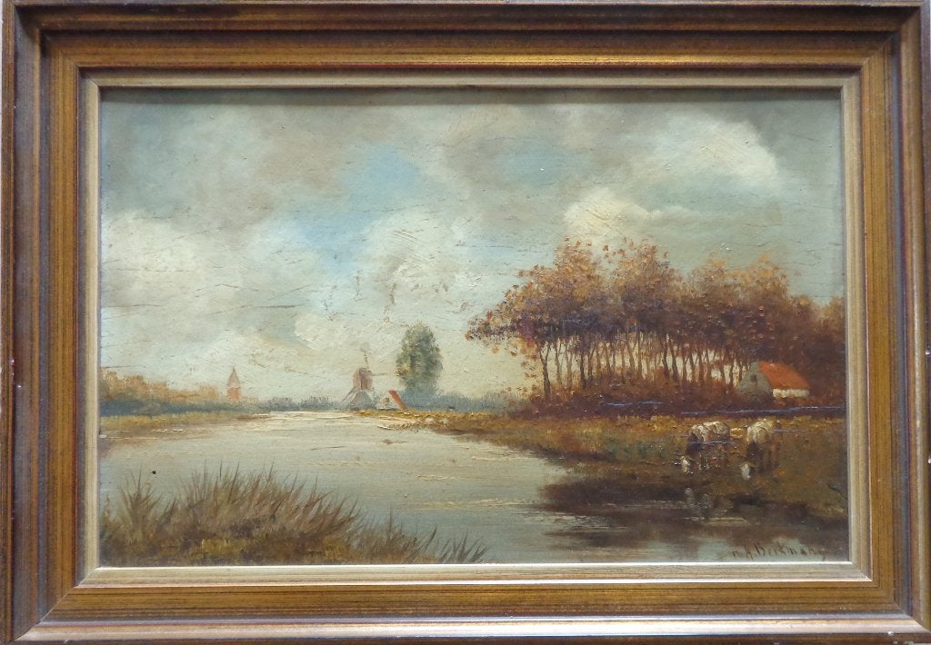 M. H. BEEKMANS / KOEIEN RIVIER / OLIEVERF / 22x31cm / KADER, Paneel, Expressionistisch, Ophalen of Verzenden, Gesigneerd