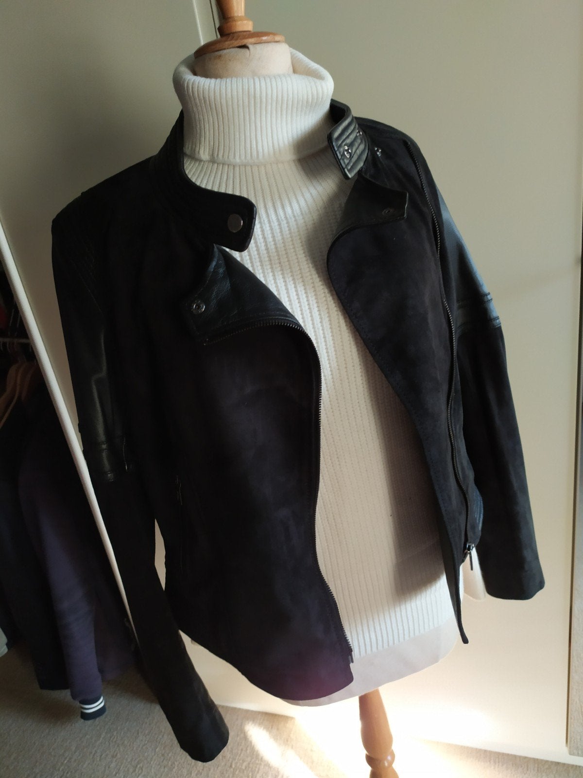 Zwart biker jasje combinatie leder en daim 38, Ophalen, Wit