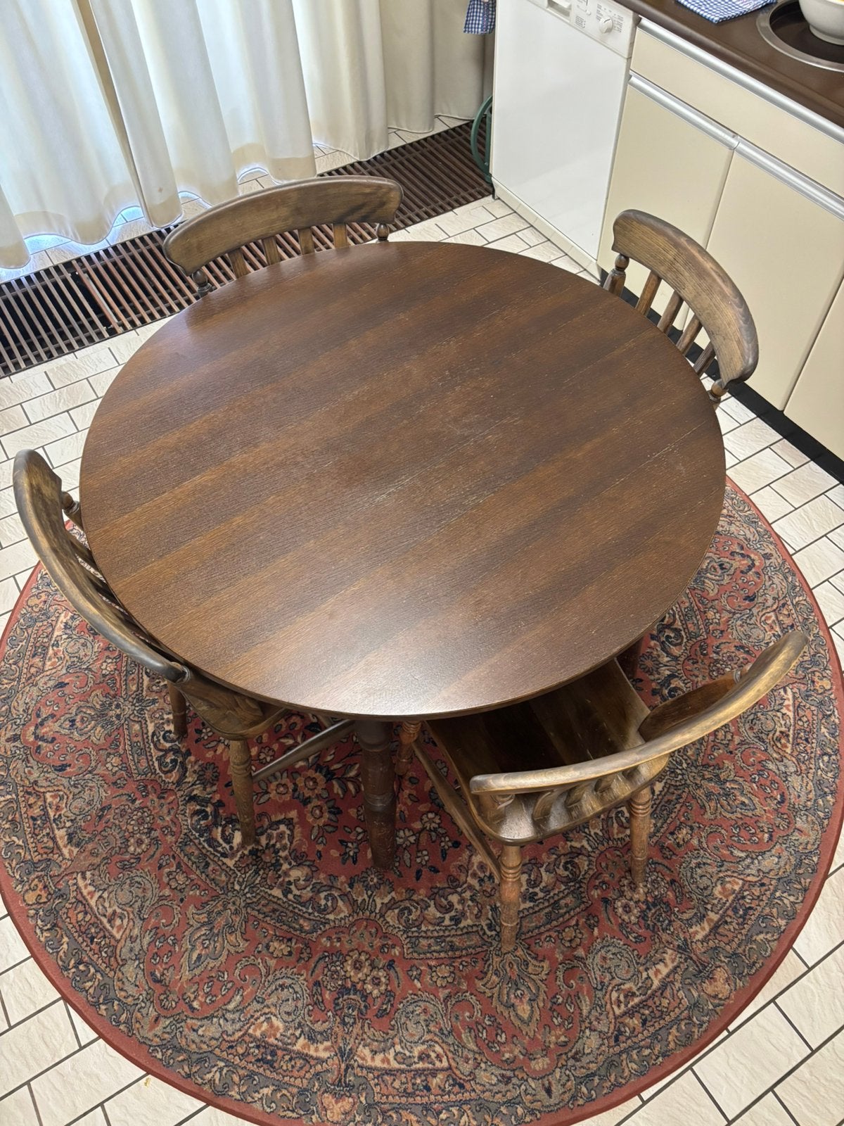 Ronde eiken keukentafel met 4 stoelen, Huis en Inrichting, Ophalen, Gebruikt