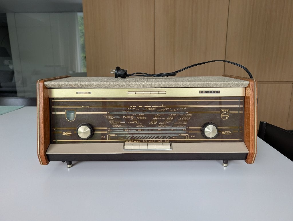 Radio à tube vintage Philips Bi-Ampli (B5X14A) + antenne, Enlèvement, Utilisé, Radio