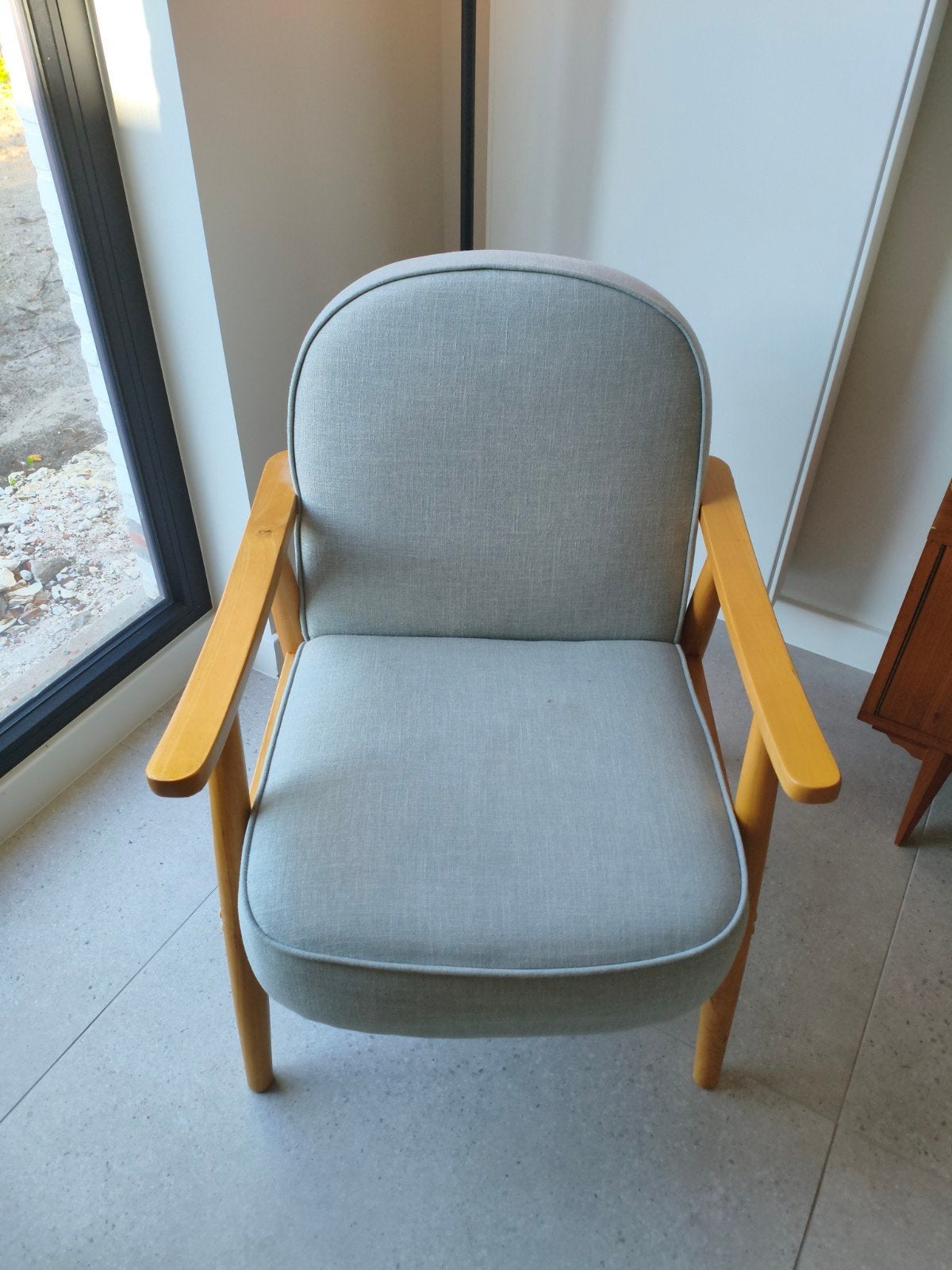 loungestoel in hout met stof grijs, Maison & Meubles, Enlèvement, Gris, Bois