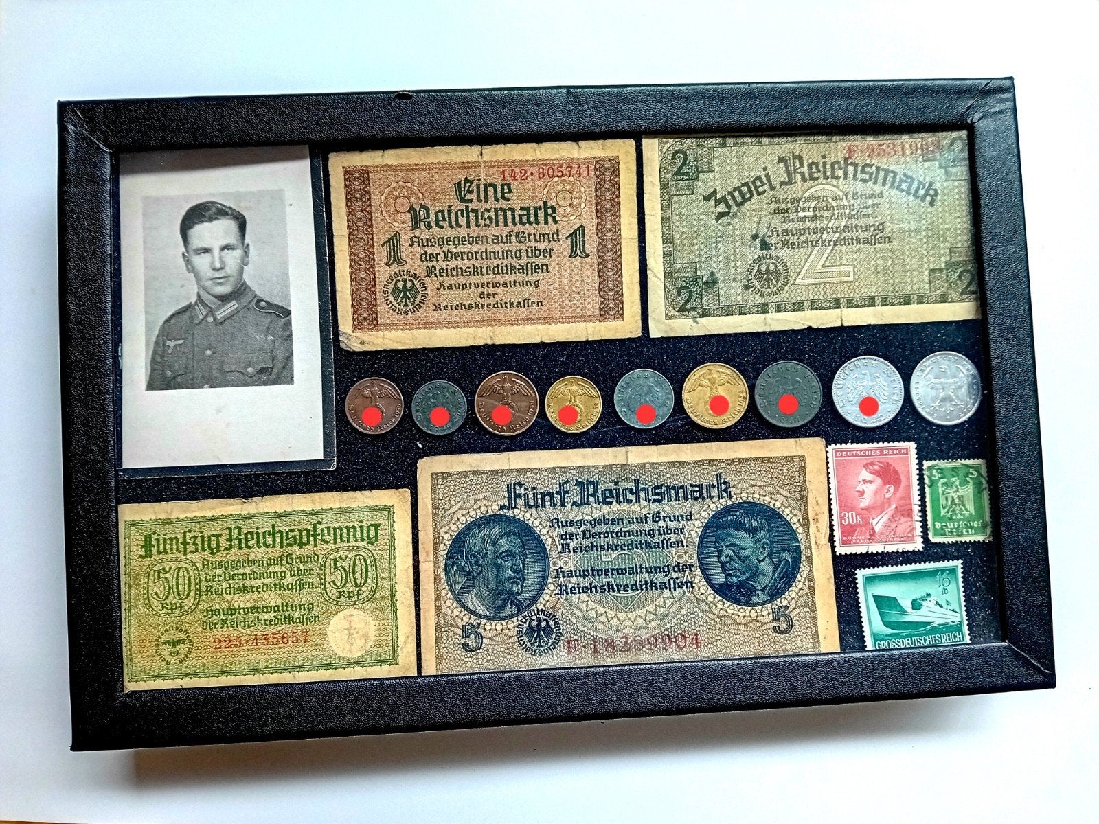 Boîte de rangement de luxe WO2 avec photo de soldat + billet, Enlèvement ou Envoi, Autres, Photo ou Poster