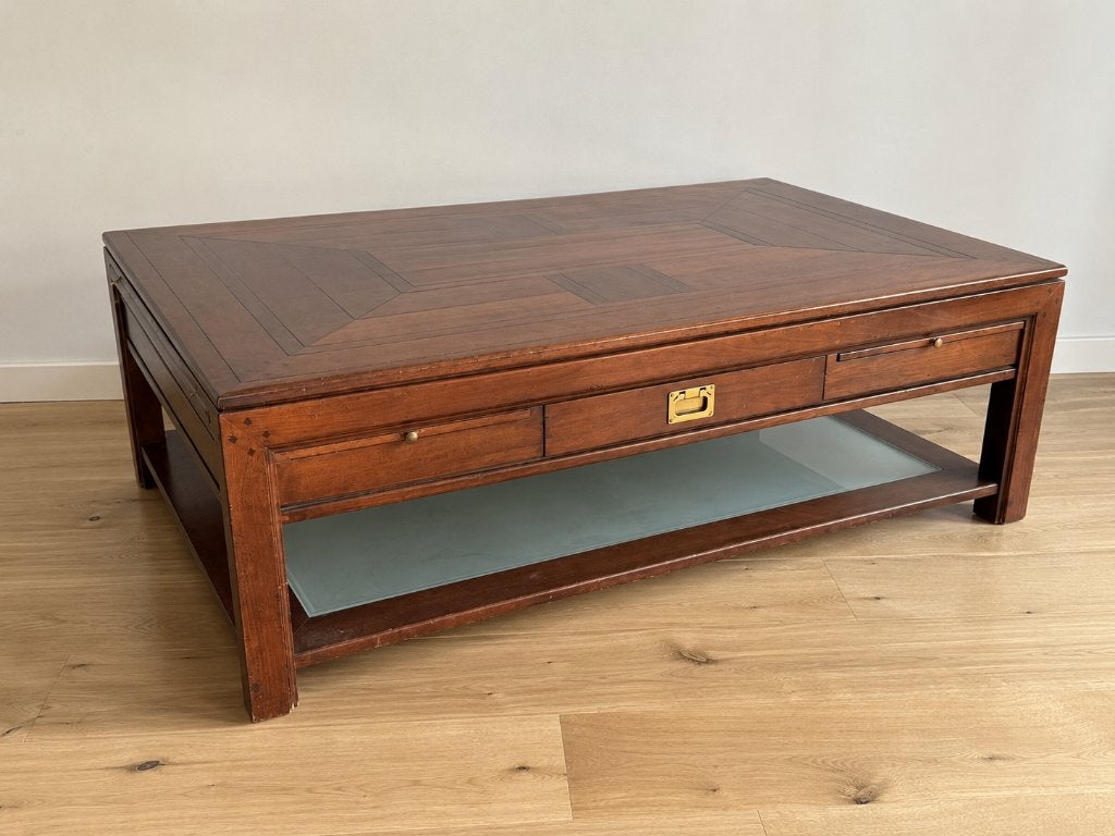 Grote kwalitatieve salontafel met laden en glazen legplank, Ophalen, Gebruikt, 100 tot 150 cm, 50 tot 100 cm