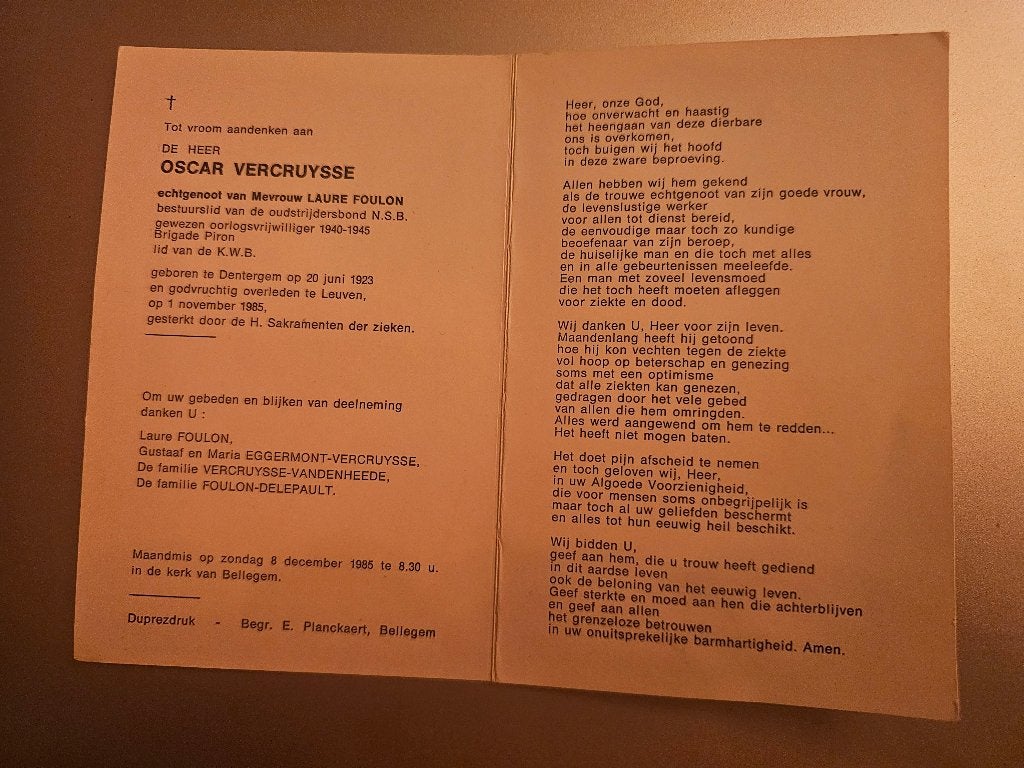Brigade Piron Vercruysse Oscar, Ophalen of Verzenden, Bidprentje