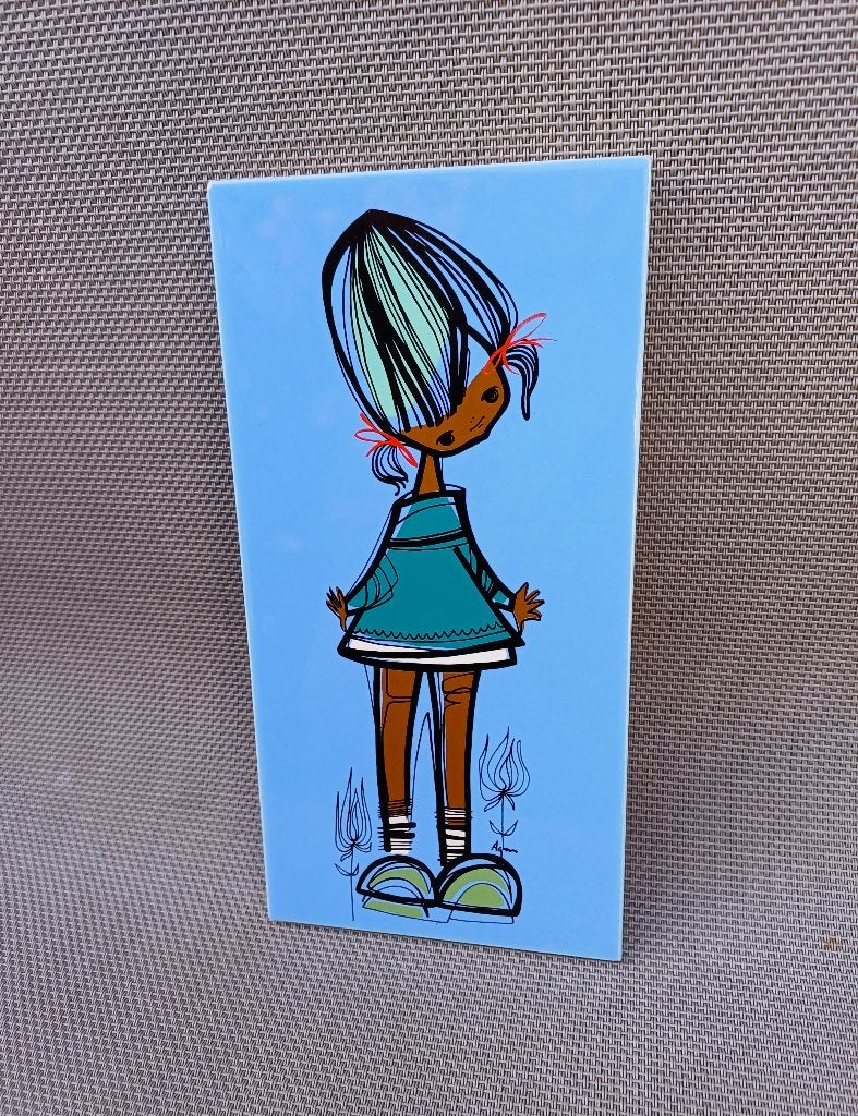 Plaque mural vintage Agnes avec dessin petite fille, Enlèvement ou Envoi, Bleu, Signé, Carreau mural