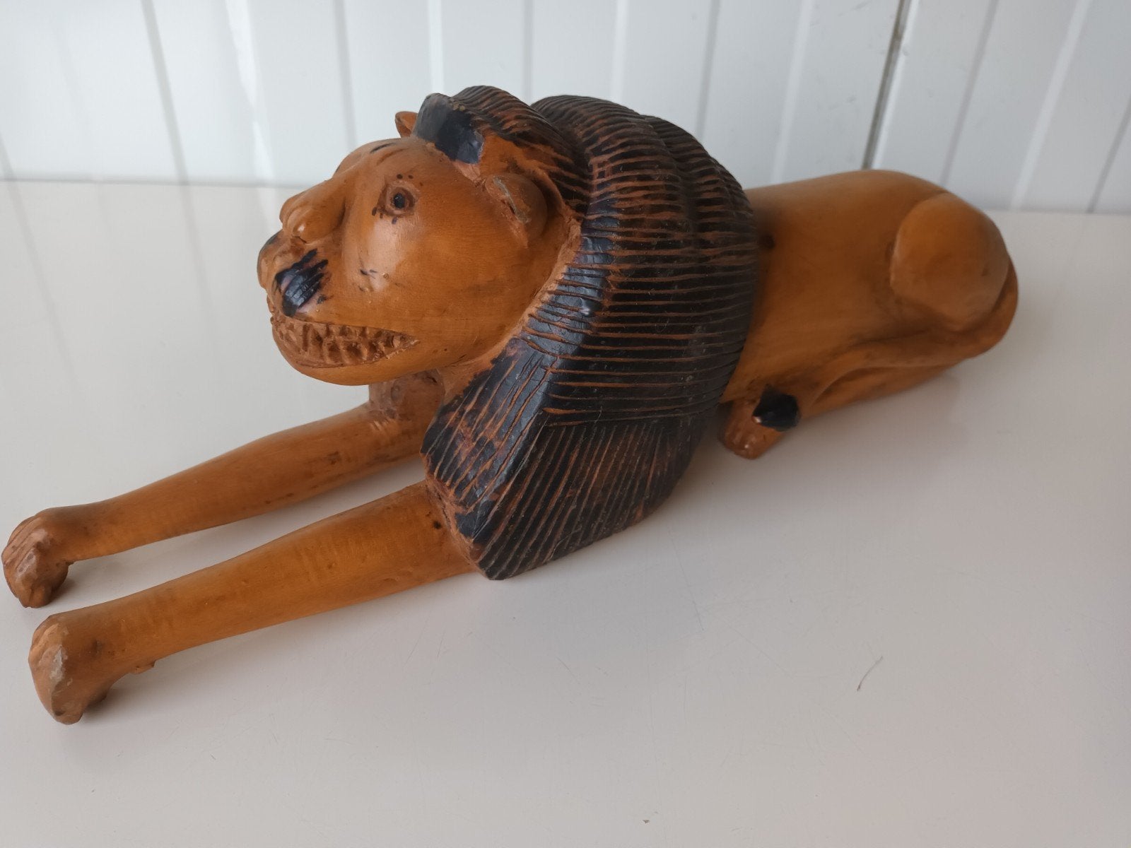 Vintage handgesneden houten leeuw, Antiek en Kunst, Ophalen of Verzenden, Beeld