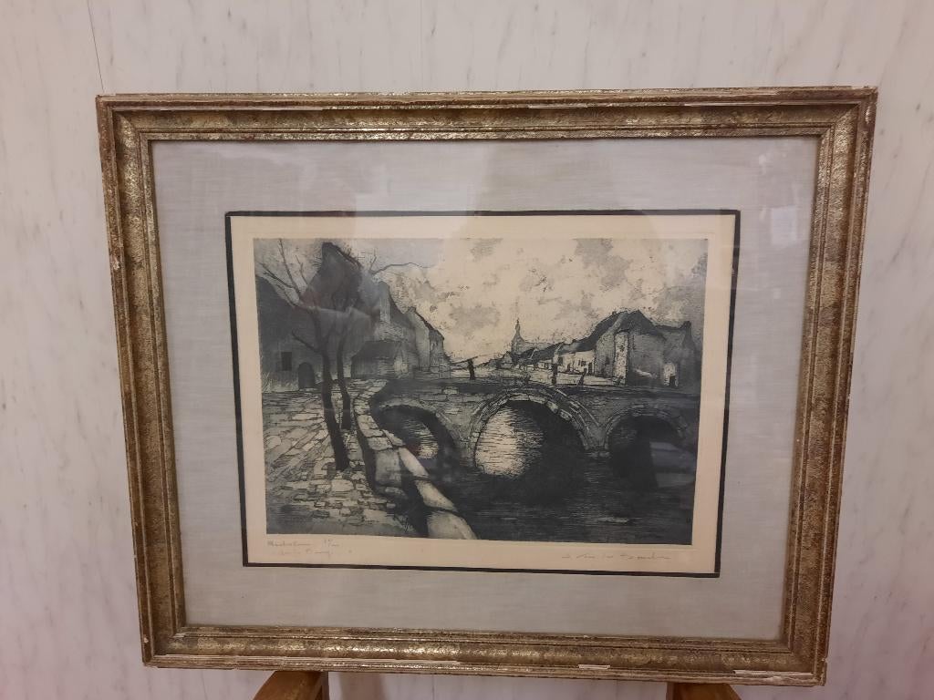etstekening van brug in Mechelen, jaren 40-50, Ophalen of Verzenden