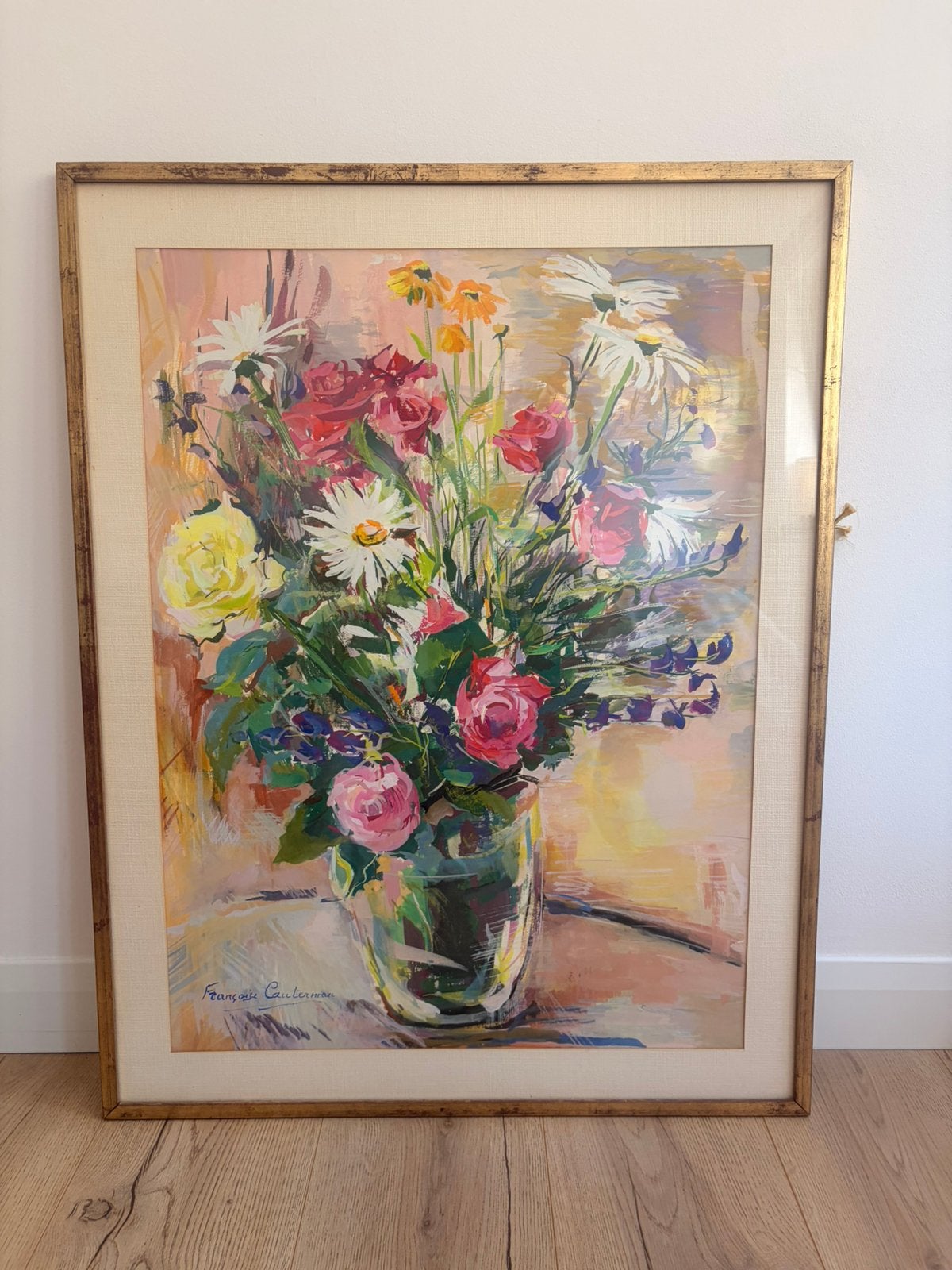 Origineel gesigneerd bloemenstilleven – Françoise Cauterman, Gouache, Klassiek, Ophalen, Bloemen