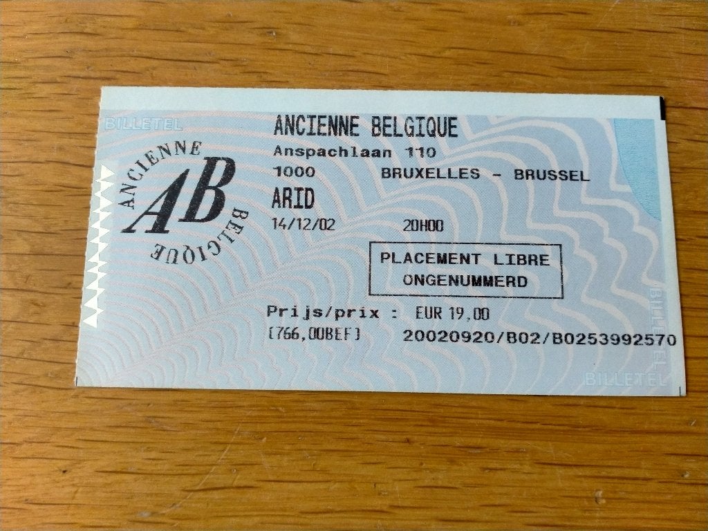 Ticket de concert Arid@Ancienne Belgique - 14/12/2002, Verzamelen, Muziek, Artiesten en Beroemdheden, Gebruikt, Overige typen