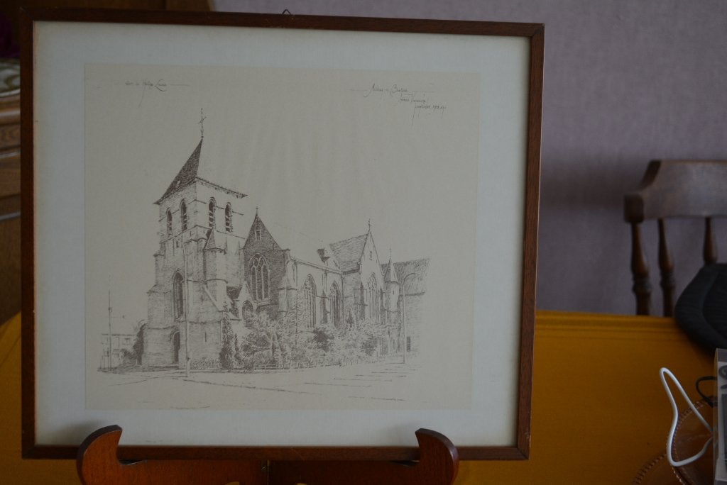 tekening middag in Berlare van Andreas van Poucke 1982, Antiek en Kunst, Landschap, Tekening, Vintage, Achter glas